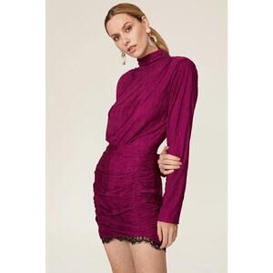 Saylor Katey Dress Satin Long Sleeve Open Back Lace Trim Ruched Mini Pink XS